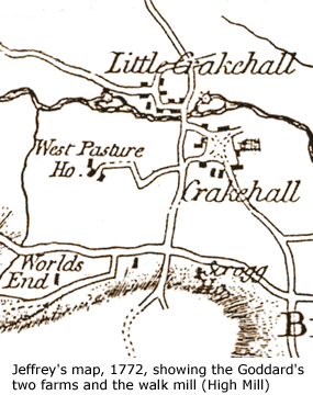 Jeffrey's 1772 map showing the Goddard's farms and fulling mill
